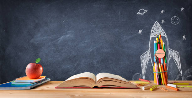 start school concept - blackboard book education back to school imagens e fotografias de stock