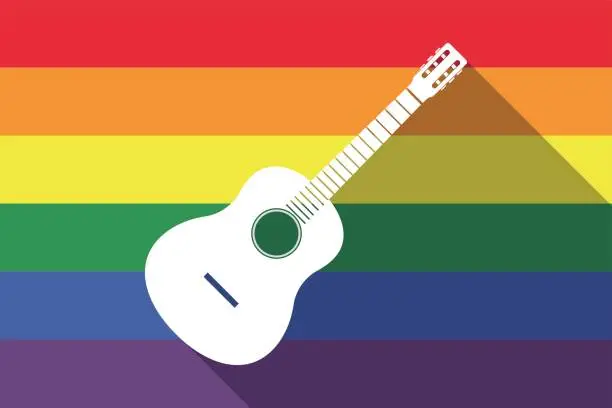 Vector illustration of Long shadow gay pride flag with  a six string acoustic guitar