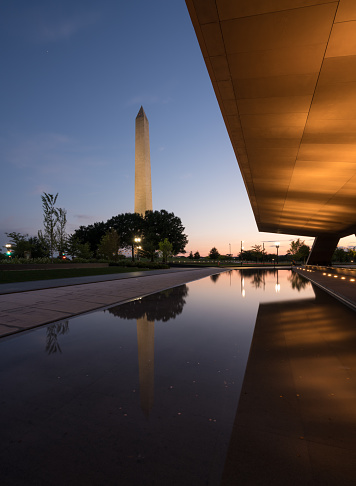 Reflection of Washington Monument in calm reflecting pool at sunset