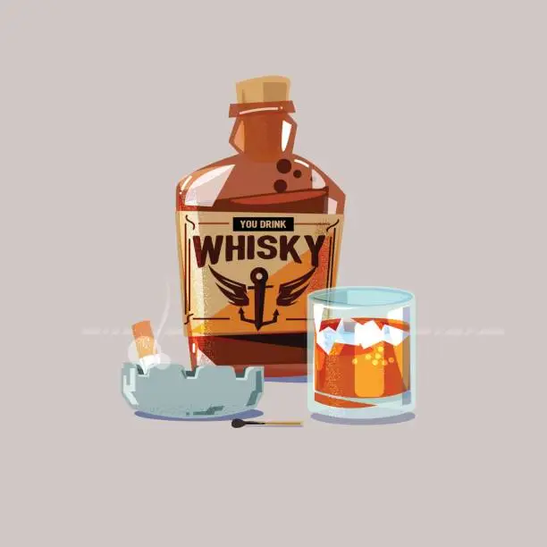 Vector illustration of whiskey with glass and cigarette in ashtray - vector