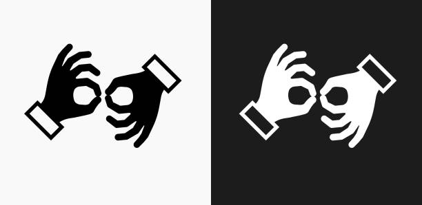 Sign Language Icon on Black and White Vector Backgrounds Sign Language Icon on Black and White Vector Backgrounds. This vector illustration includes two variations of the icon one in black on a light background on the left and another version in white on a dark background positioned on the right. The vector icon is simple yet elegant and can be used in a variety of ways including website or mobile application icon. This royalty free image is 100% vector based and all design elements can be scaled to any size. sign language icon stock illustrations