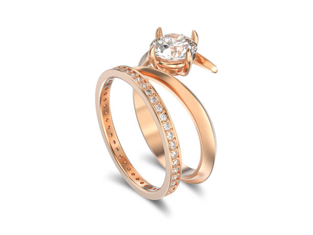 istock 3D illustration rose gold matching band set two rings with diamonds with reflection 815419774