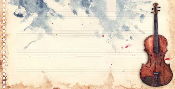 Vintage retro watercolor music sheet violin musical instrument frame background texture grunge backdrop.