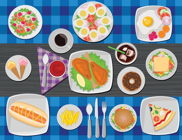 smaczne jedzenie na stole - sandwich plate food french fries stock illustrations