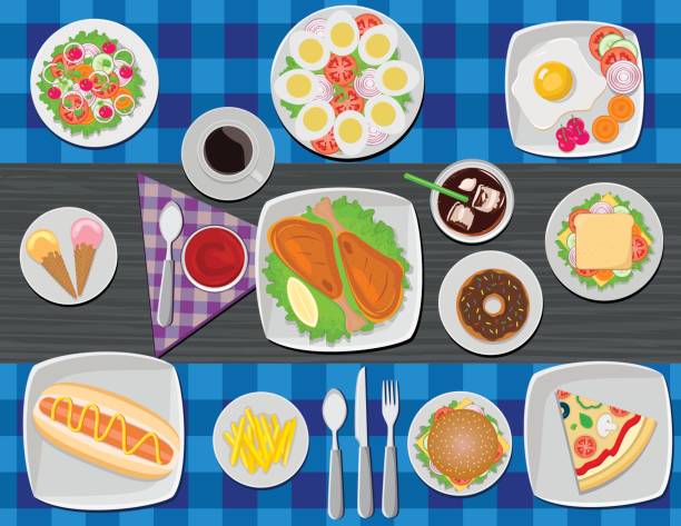 Tasty Food On Table Tasty Food On Table in this file flat color and gradiation color used,clipping mask yes, all elements separate grouped and separate layered and easy to edit for similar images visit my portfolio omelette on the plate stock illustrations