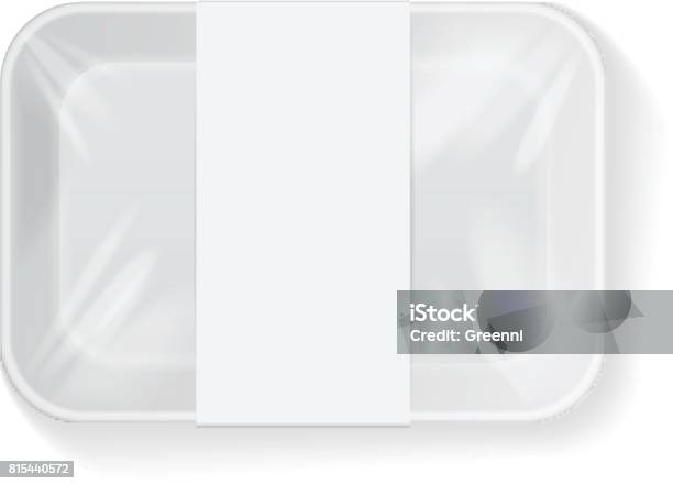 White Rectangle Blank Styrofoam Plastic Food Tray Container Wiith Label Vector Mock Up Template Stock Illustration - Download Image Now