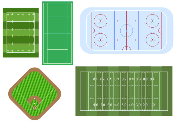 Set of sport games fields, for top view. Football and ragby fields, hockey playground, baseball stadium and tennis court Set of sport games fields, for top view. Football and ragby fields, hockey playground, baseball stadium and tennis court in vector. georgia football stock illustrations