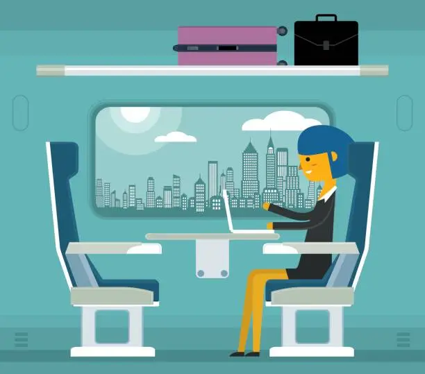 Vector illustration of Traveling on a train - Businesswoman