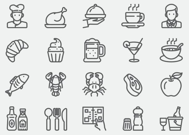 ilustrações, clipart, desenhos animados e ícones de ícones de restaurante linha - cooking clothing foods and drinks equipment