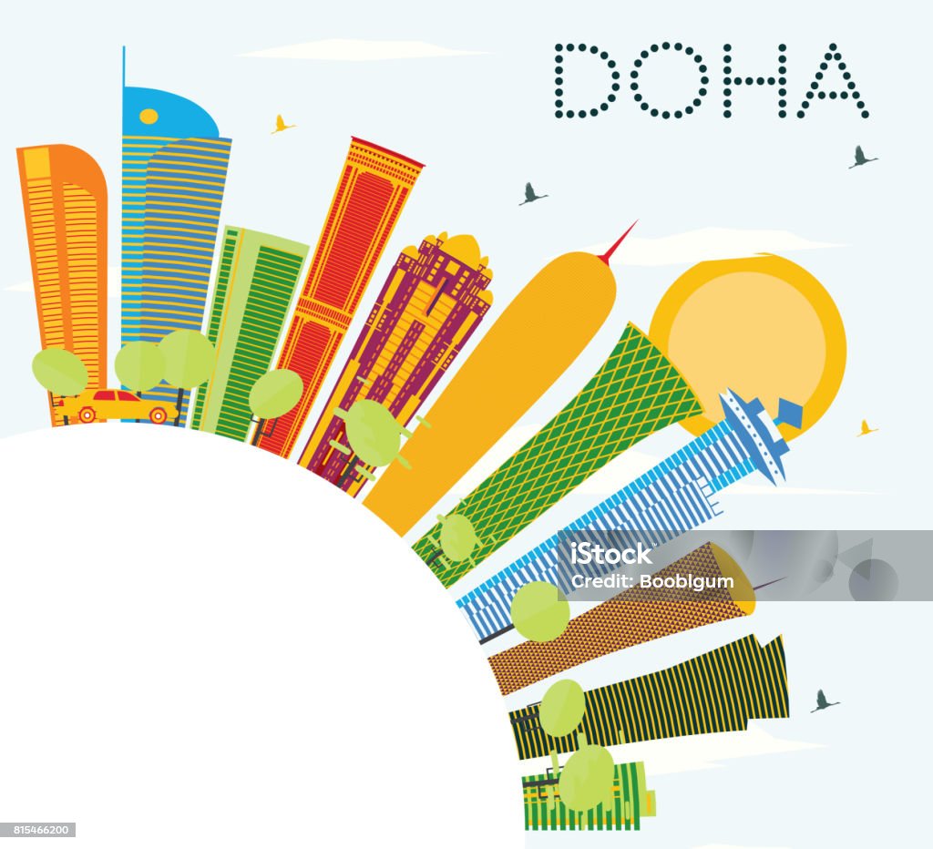 Skyline de Doha avec bâtiments de couleur, bleu ciel et espace copie. - clipart vectoriel de Affaires libre de droits