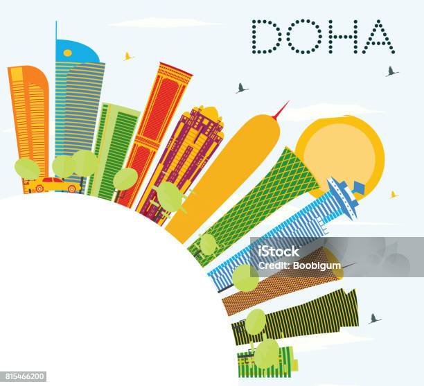 Skyline De Doha Avec Bâtiments De Couleur Bleu Ciel Et Espace Copie Vecteurs libres de droits et plus d'images vectorielles de Affaires