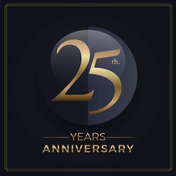 ilustrações de stock, clip art, desenhos animados e ícones de 25 years gold and black anniversary celebration simple emblem template on dark background - 25