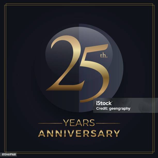 25 Years Gold And Black Anniversary Celebration Simple Emblem Template On Dark Background Stock Illustration - Download Image Now