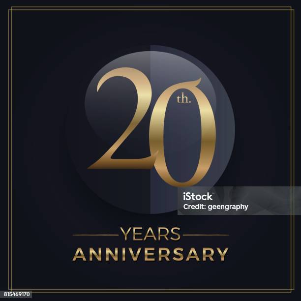 20 Years Gold And Black Anniversary Celebration Simple Emblem Template On Dark Background Stock Illustration - Download Image Now