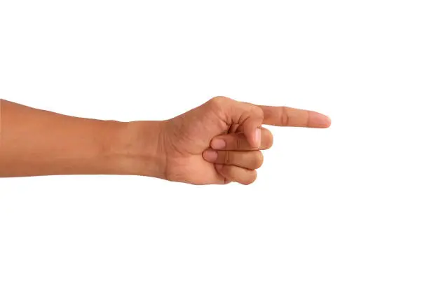 Man hand point something on white background
