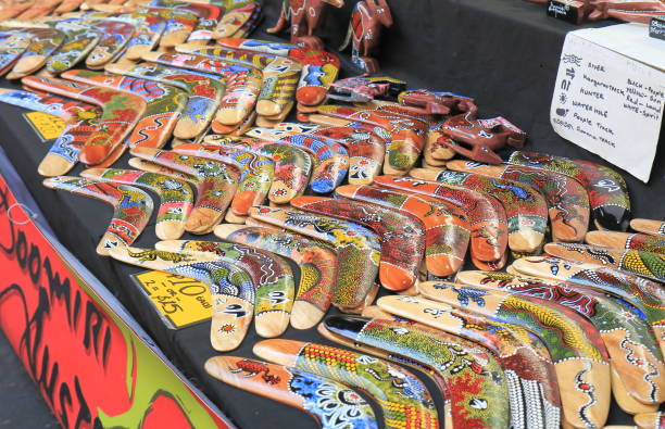 Melbourne Australia - July 2, 2017: Aboriginal boomerang sold at Queen Victoria market.