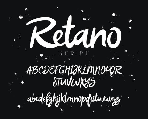 Fashionable modern vector font Fashionable modern vector font on black background. Uppercase and lowercase letters. Lettering, typography, calligraphy. English alphabet. Elements for design. calligraphy alphabet styles drawing stock illustrations