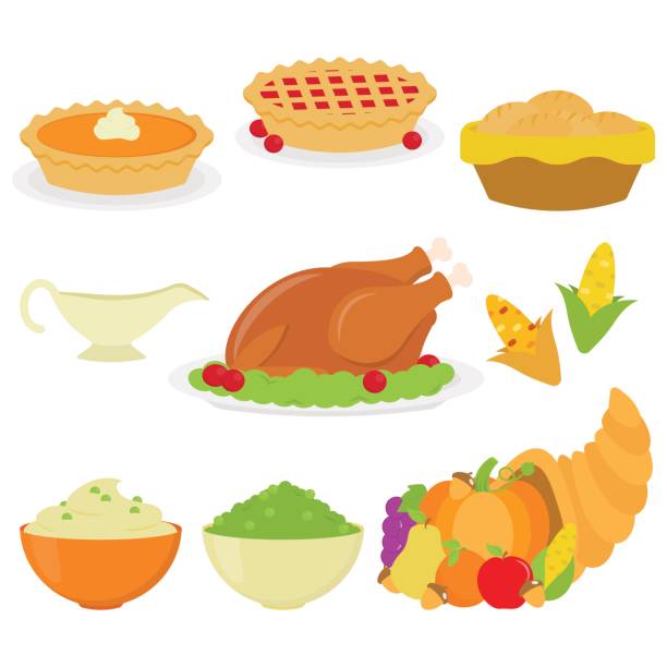 Thanksgiving Dinner In White Background Special Dinner for thanksgiving holiday thanksgiving dinner stock illustrations