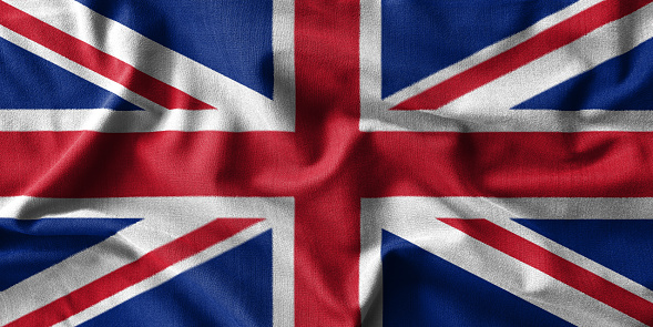 United Kingdom flag painting on high detail of wave cotton fabrics .