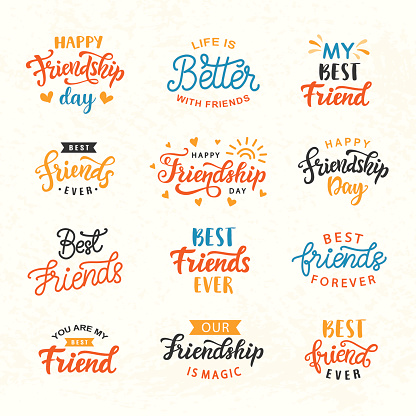 Happy Friendship Day hand lettering big set. Greeting card typography template. Modern calligraphy design elements for cute poster, banner, tee shirt print. Vector illustration.