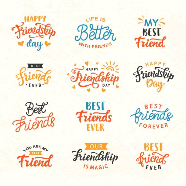 Happy Friendship Day hand lettering big set Happy Friendship Day hand lettering big set. Greeting card typography template. Modern calligraphy design elements for cute poster, banner, tee shirt print. Vector illustration. forever friends stock illustrations