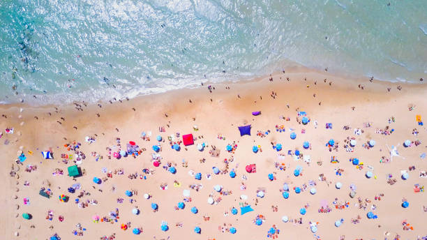 istock Tropical beach with colorful umbrellas - Top down aerial view 815520168