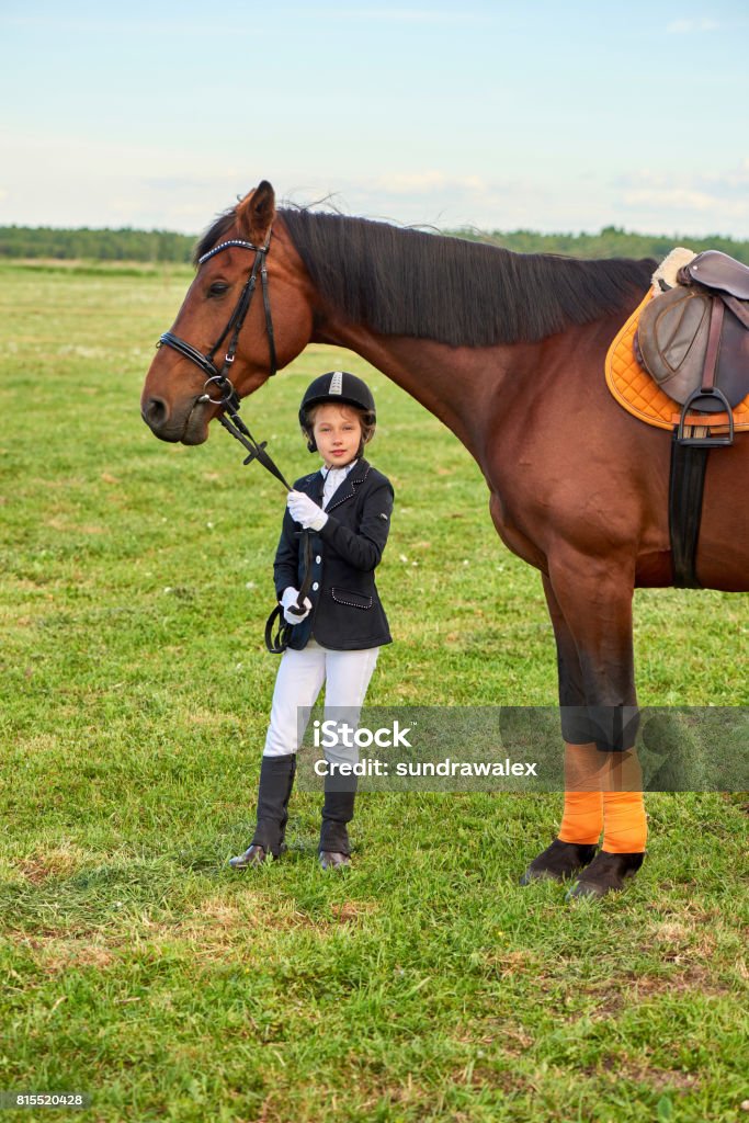 Foto de Cavalo De Frente Jóquei Menina Bonita Por Suas Rédeas Em Todo País  Em Equipamento Profissional e mais fotos de stock de Alazão - Cor de Cavalo  - iStock