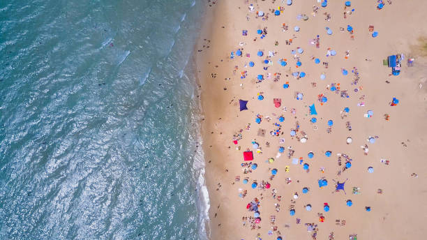 istock Tropical beach with colorful umbrellas - Top down aerial view 815520778