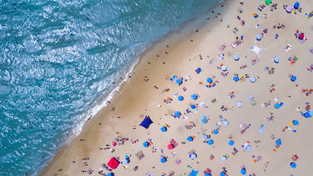 istock Tropical beach with colorful umbrellas - Top down aerial view 815527974