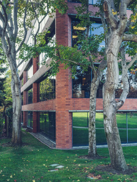 istock view of green lawn around modern office building 815528108