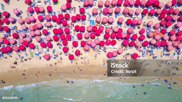Tropical Beach With Colorful Umbrellas Top Down Aerial View Stock Photo - Download Image Now