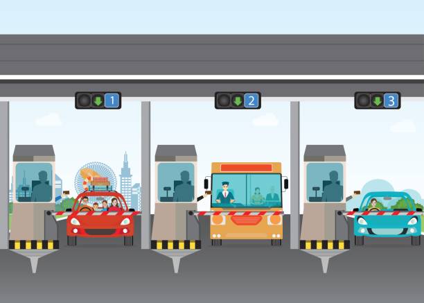 ilustrações de stock, clip art, desenhos animados e ícones de driver cars passing through to pay road toll at highway toll booth. - street furniture traffic lighting equipment urban scene