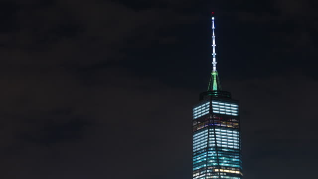 Top of the Freedom Tower in New York City with Clouds Night Timelapse