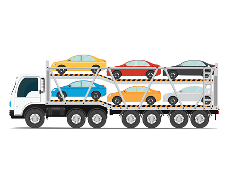 The trailer transports cars with new auto, truck trailer transport vehicles isolated on white background, vector illustration.