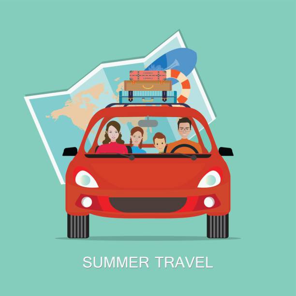 Planning summer vacations Happy family driving in red car on weekend holiday, Planning summer vacations, Travel by car, Summer holiday,Tourism and vacation theme. Flat design vector illustration. family in car stock illustrations