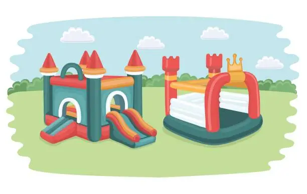 Vector illustration of Vector poster with two big inflatable slides and set of line icons castles, slides, round pool, trampoline for kids and accessory for games on playground. Linear style for your personal design project