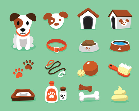 Cartoon character jack russell terrier dog and accessories set for design.