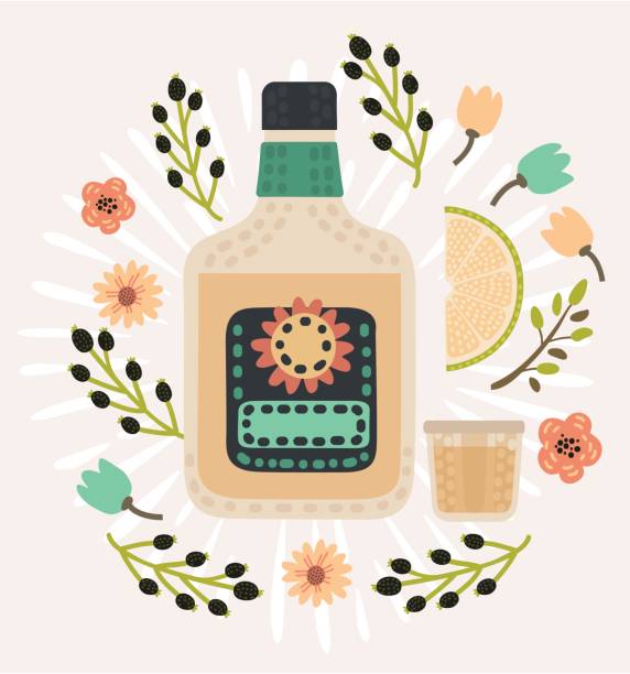 Bottle of tequila, caballito and a slice of lemon decorated with flowers in vitage colour Vector cartoon illustration of bottle of tequila, caballito and a slice of lemon decorated with flowers in vitage colour polypodiaceae stock illustrations