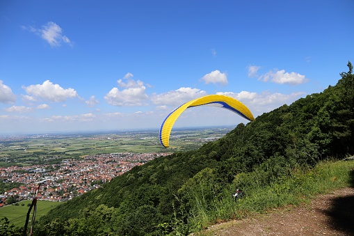 Paraglider flying near Heidelberg, Baden-Wurttemberg, Germany