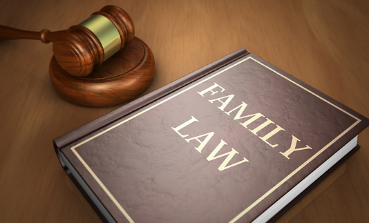 Family law concept with sign printed on a book and a gavel on a wooden desk 3D illustration.