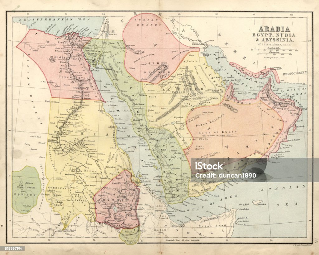 Antique map of Arabia, Egypt, Nubia, Abyssinia, 19th Century Vintage engraving of a Antique damaged map of Arabia, Egypt, Nubia, Abyssinia in the 19th Century, 1873 Map stock illustration