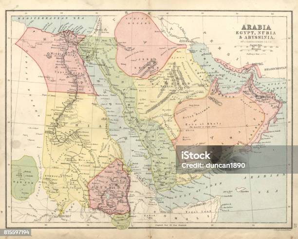 Antique Map Of Arabia Egypt Nubia Abyssinia 19th Century Stock Illustration - Download Image Now