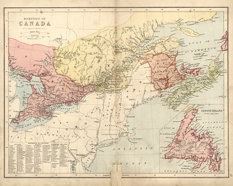 Vintage engraving of a Antique damaged map of Dominion of Canada in the 19th Century, 1873