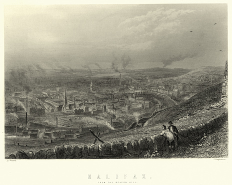 Vintage engraving of a view of Halifax, West Yorkshire, in the 19th Century. c. 1870s