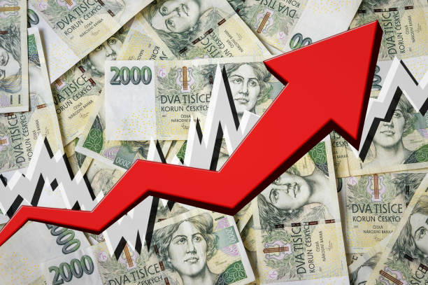 istock Growing arrow with czech crowns money background 815616374