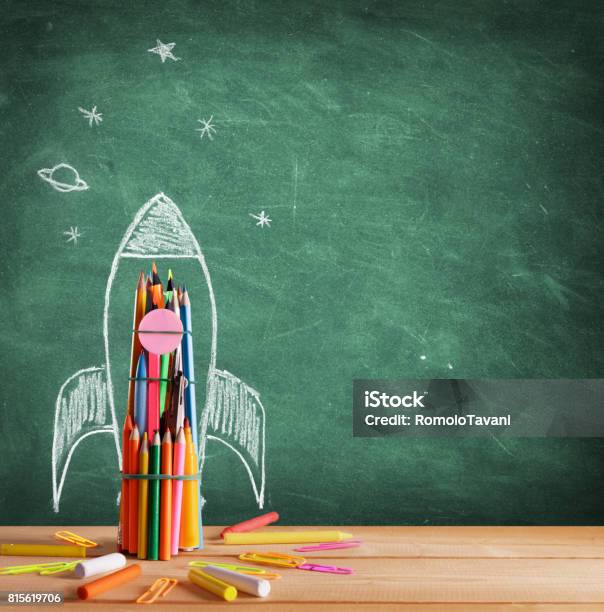 Back To School Rocket Sketch On Blackboard Stock Photo - Download Image Now - Education, Back to School, Chalkboard - Visual Aid