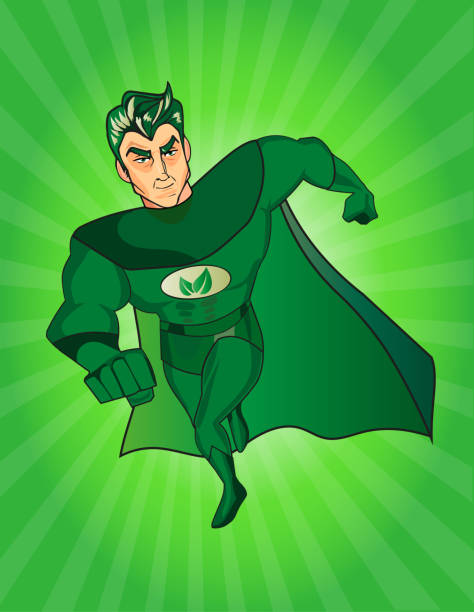 ilustrações, clipart, desenhos animados e ícones de um desenho animado de super-herói com uma capa verde e traje e um símbolo em seu peito de folhas - recycling green environment superhero