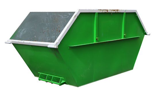 Steel new empty  green container for construction waste. Real building tool concept. Isolated on white with patch