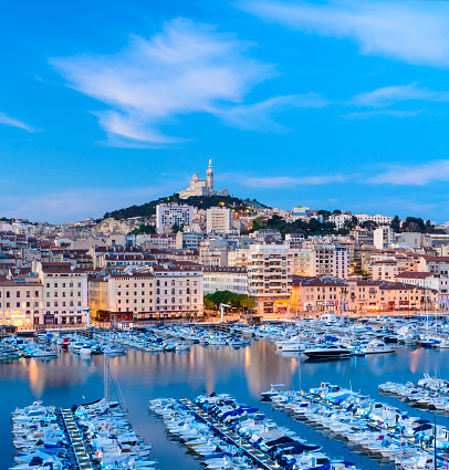 Moored boats and yachts in the Vieux Port (Old Port) in Marseille at Twilight, France