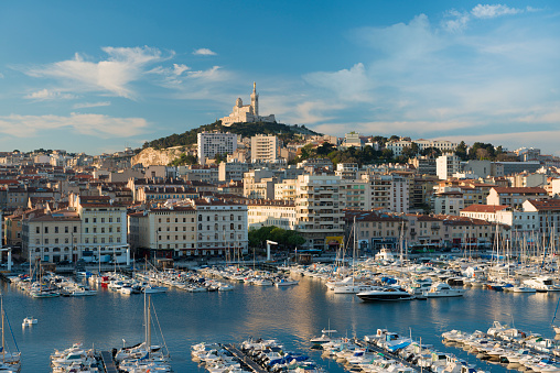 Moored boats and yachts in Marseille at first light, France